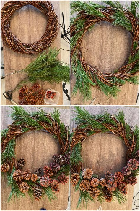 Holiday Grapevine Wreath, How To Make A Natural Wreath, Natural Xmas Wreaths, Wicker Wreath Ideas Christmas, Simple Grapevine Wreath, Christmas Twig Wreath, Willow Wreath Ideas Christmas, Diy Natural Christmas Wreath, Diy Rustic Christmas Wreath