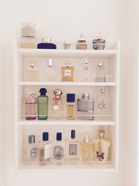 Open shelf for perfumes http://www.amazon.com/gp/product/B00CUP5N46/ref=cm_cr_ryp_prd_ttl_sol_0 Perfume Storage Ideas Small Spaces, Bathroom Perfume Display Wall, Perfume Storage Ideas Shelving, Perfume Shelves Ideas, Perfume Rack Ideas, Perfume Wall Shelf, Perfume Stand Ideas, Perfume Organization Shelf, Perfume Wall Display