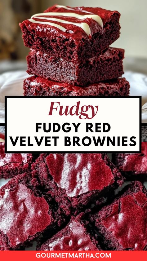 Dive into a batch of these ultra-fudgy Red Velvet Brownies! With a rich cocoa flavor and a hint of red velvet charm, they’re perfect for any dessert lover craving something indulgent and beautiful. Make this dish tonight – grab the recipe! #redvelvetbrownies #fudgybrownies #dessertlover #bakingfun #easybrownies #homemadedessert #redvelvetrecipe #brownielovers #sweettreats #decadentdesserts Red Velvet And Brownie Cake, Red Velvet Brownies From Scratch, Red Velvet Brownies From Box Cake Mixes, Red Velvet Cinnamon Rolls Recipe, Red Velvet Brownies Recipe, Red Velvet Fudge, Velvet Desserts, Plum Dessert, Cheesecake Ideas