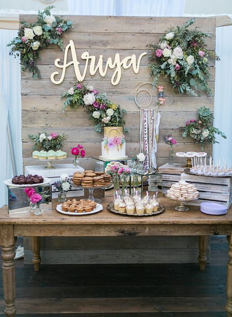 This whimsical feminine baby shower couldn't be prettier. From the ethereally draped tent to the incredible dessert display, this mama-to-be was showered in style. Creative Baby Shower Themes, Whimsical Baby Shower, Babyshower Party, Creative Baby Shower, Baby Shower Deco, Shower Inspiration, Rustic Baby, Rustic Baby Shower, Dessert Bar