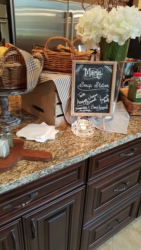 Open House Soup Bar Soup Bar Decorations, Bridal Shower Soup And Salad Bar, Soup Station, Soup Party Ideas Fall, Soup Bar Ideas, Soup And Salad Bar, Soup Bar Baby Shower Food Ideas, Soup And Sandwich Bar, Soup Bar Wedding