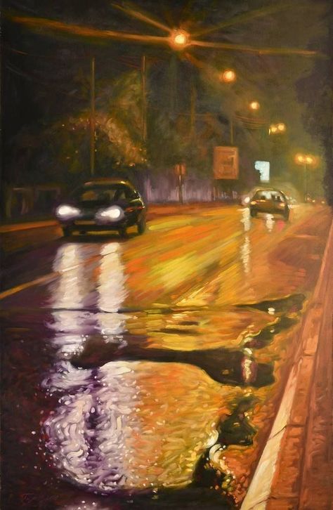 Moving Paintings Art, Cool Oil Paintings, Night Street Painting, Traffic Painting, Street Light Painting, Light And Dark Art, Water Reflection Painting, Light Art Painting, Moving Paintings