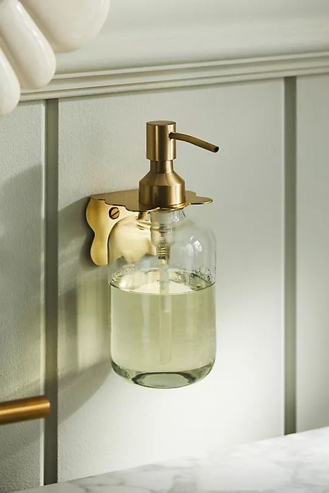 Wiggle Soap Bracket | Anthropologie Above Bathroom Sink Shelf, Wall Mounted Soap Holder, Spa Inspired Bathroom Luxe, Kohler Brass Bathroom Fixtures, Fun Bathroom Accessories, Vintage Soap Dispenser, Bathroom Brass Fixtures, Mushroom Bathroom, Small Bathroom Upgrades