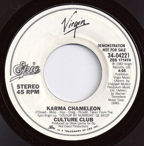 #1 on Billboard / Karma Chameleon / Culture Club Shuffle Ideas, Karma Chameleon, High Jokes, Vintage Record Player, Old School Music, 45 Rpm Record, Fun Music, 45 Records, Oldies Music