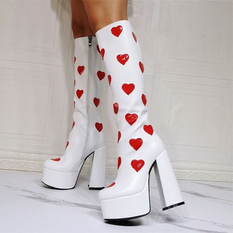 Shoespie Sexy Round Toe Heart Chunky Heel Thread Boots White Boots Hearts, Gold Heart Boots, Fabulous Aesthetic, Platform Boots Hearts, Black And Pink Heart Boots, Heart Boots, White Knee High Boots, Plus Size Boots, Chunky Heels Casual