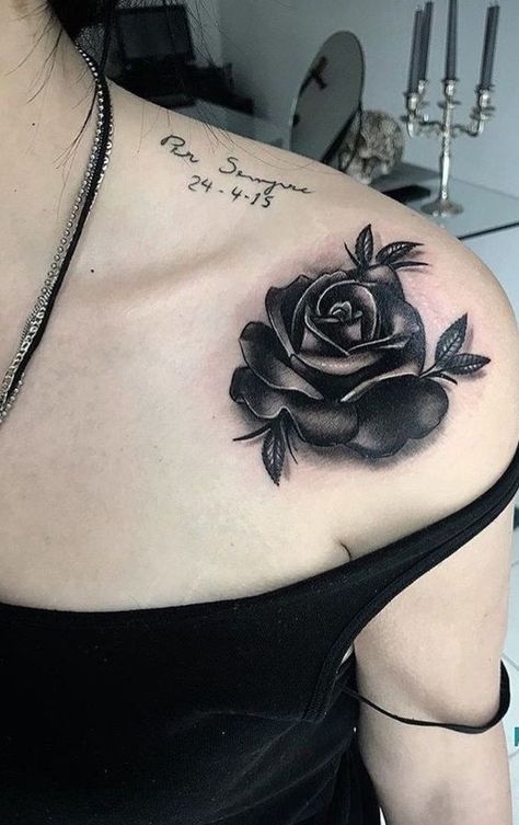 40+ Amazing Black Rose Tattoo Ideas That You Will Love - InkMatch Cover Up For Women Tattoo, Black Shaded Flower Tattoo, Medium Cover Up Tattoos, All Black Tattoo Cover Up, Black Cover Up Tattoos For Women, Cover Up Rose Tattoo, Chest Cover Up Tattoo Female, Rose Cover Up Tattoo, Neck Tattoo Cover Up