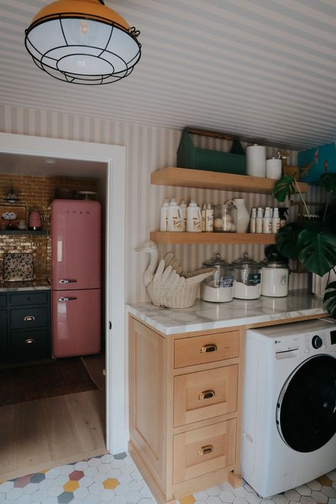 Laundry Hacks and Why we like Plant Based Cleaning (New Stripes Wallpaper!) - Nesting With Grace Nesting With Grace, Thieves Household Cleaner, Shiplap Ceiling, Wallpaper Ceiling, Pool Rooms, How To Hang Wallpaper, Stripes Wallpaper, Built In Bookcase, Rooms Reveal