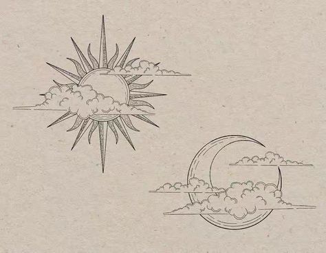 Sun And Moon Tattoo For Men, Moon Tattoos Men, Lunar Tattoo Ideas, Moon Tattoo Men, Sun And Moon Matching Tattoos, Types Of Cloud, Sun Moon And Stars Tattoo, Cloud Tattoos, Cloud Tattoo Design