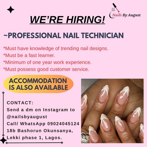 WE ARE HIRING! . PROFESSIONAL NAIL TECHNICIAN NEEDED . Send a DM on Instagram or Click the link in bio to send a WhatsApp message . #nailtechneeded #nailtechinlekki #nailtechneededinlekki #nailtechwanted #nailtechavailable #nailsbyaugust #pedicuristneeded #pedicuristinlekki #pedicuristinlagosisland #toenailart #vacancy #nailsoflagos #nailsinlagos #lekkinailtech #lekkinails #lagosnails #lagosnailtech #nailsinlekki #nailtechinlekki #nailsinlekkilagos #explore #explorepage We're Hiring, We Are Hiring, Whatsapp Message, Toe Nail Art, Good Customer Service, Nail Technician, Professional Nails, Work Experience, Click The Link