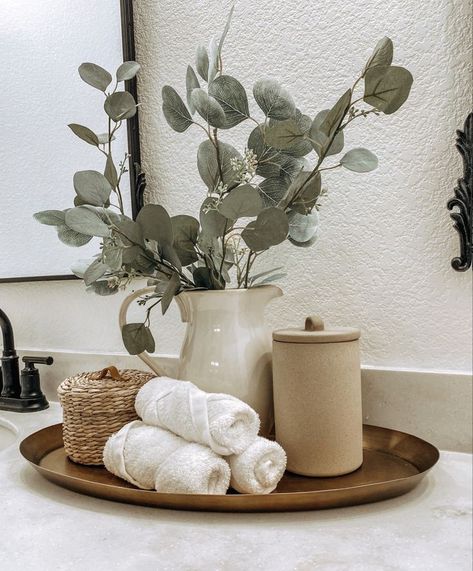 Organic Modern Small Bathroom Decor, Bathroom Decor Dark Countertop, Cute Guest Bathroom Ideas, Master Bath Counter Decor, Styling Bathroom Counter, Taupe Bathroom Decor, Organic Modern Powder Room, Bathroom With Greenery, Master Bathrooms Decorations