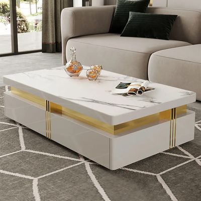 Modern Wood Coffee Table with Storage in White Center Table with Stainless Steel Base Unique Coffee Table Design, Centre Table Design, Centre Table Living Room, Sofa Table Design, Meja Sofa, Tea Table Design, Modern Wood Coffee Table, Coffee Table Design Modern, Center Table Living Room