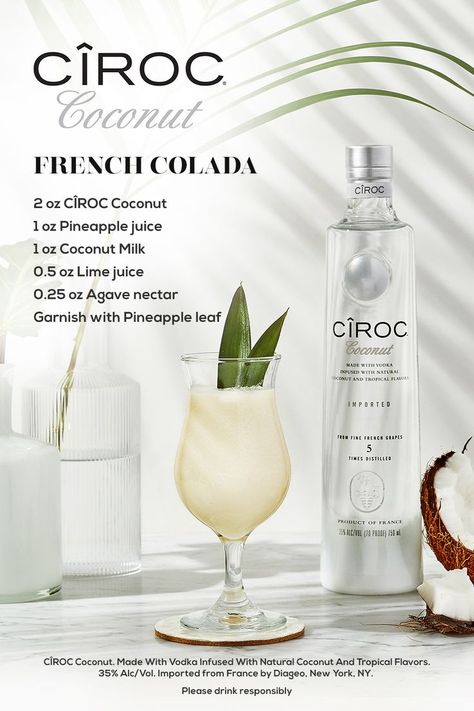 Pin on CÎROC Cocktails Ciroc Coconut, Coconut Vodka, Liquor Drinks, Infused Vodka, Boozy Drinks, Cocktail Drinks Recipes, Agave Nectar, Alcohol Drink Recipes, Agaves