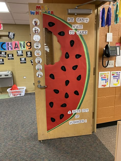 Summer Time Classroom Door Ideas, Fruit Classroom Door Ideas, Summertime Classroom Door Ideas, Watermelon Door Decorations Classroom, Watermelon Classroom Door, Fruits Classroom Decoration, June Door Decorations Preschool, Summer Themed Classroom Door, Daycare Classroom Door Ideas