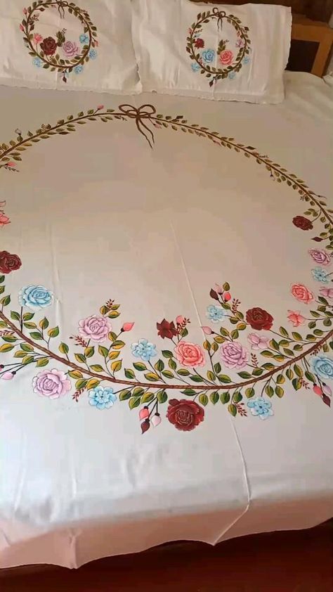 Painted Bedsheets, Bedsheet Painting, Bedsheet Embroidery, Bed Sheets Design, Hand Paint Dress, Bedsheets Ideas, Embroidery Table Cloth, Cloth Business, Handmade Bed Sheets