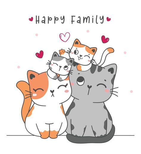 cute family kitty cat, mom, dada, son and dauther cartoon drawing vector illustration Regalos Ideas, Kawaii Cat Drawing, Gelli Arts, Family Drawing, Baby Painting, Drawing Vector, Family Cartoon, Mama Cat, Family Illustration