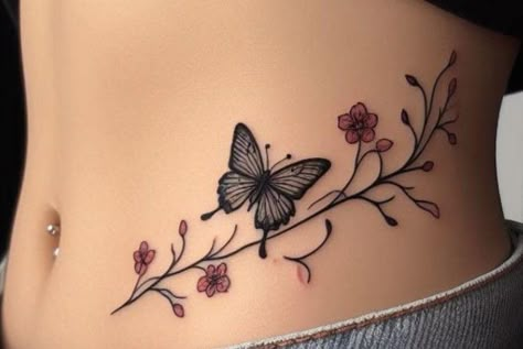 #follow #tattoos #tattooart #tattooideas #blogging #blogger #blog Butterfly Tattoo On Waist For Women, Waist Tattoos Butterfly, Hip Waist Tattoos Women, Butterfly Hip Tattoos Women, First Tattoo Ideas Female, Tattoo Flower And Butterfly, Stomach Flower Tattoo, Butterfly Tattoo On Waist, Tatto Waist