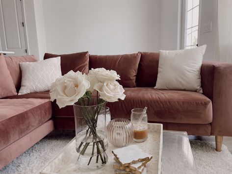 Dusty Pink Couch Living Rooms, Dusty Rose Sofa Living Rooms, Dusty Rose Sofa, Mauve Velvet Couch, Dusty Pink Sectional, Mauve Living Room, Dusty Rose Velvet Pillows, Romantic Living Room, Pink Couch