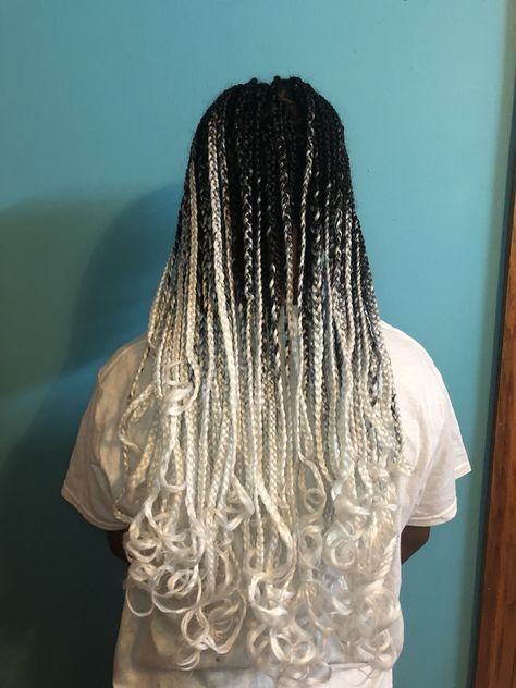 White Braids Hairstyles, White Curly Braids, Black And White Braids Hairstyles, Feather Box Braids, Black White Braids, White Knotless Braids, White Goddess Braids, Silver Box Braids, White Braids Black Women