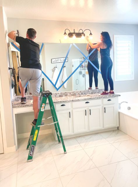 Builder Grade Updates, Upgrade Builder Grade, Builder Grade Bathroom, Master Bath Mirror, Bathroom Cabinet Makeover, Bathroom Mirror Makeover, Builder Grade Kitchen, Master Bath Vanity, Bath Makeover