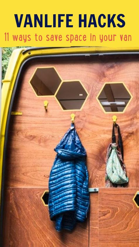 Van Life Dish Storage, Campervan Garage Storage, Storage Ideas For Van Life, Camper Van Space Saving Ideas, Small Van Storage Ideas, Van Storage Hacks, Van Clothing Storage, Van Door Storage Ideas, Caravan Hacks Space Saving