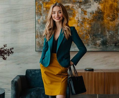 8+ Bold Blazer Outfit Ideas with Teal and Mustard Yellow Touches • 333+ Inspiring Lifestyle Ideas Teal Blazer Outfit, 1990s Outfit Ideas, Teal And Mustard, Mustard Yellow Skirts, Blazer Outfit Ideas, Inspiring Lifestyle, Yellow Pencil Skirt, Teal Blazer, Outfit Combos