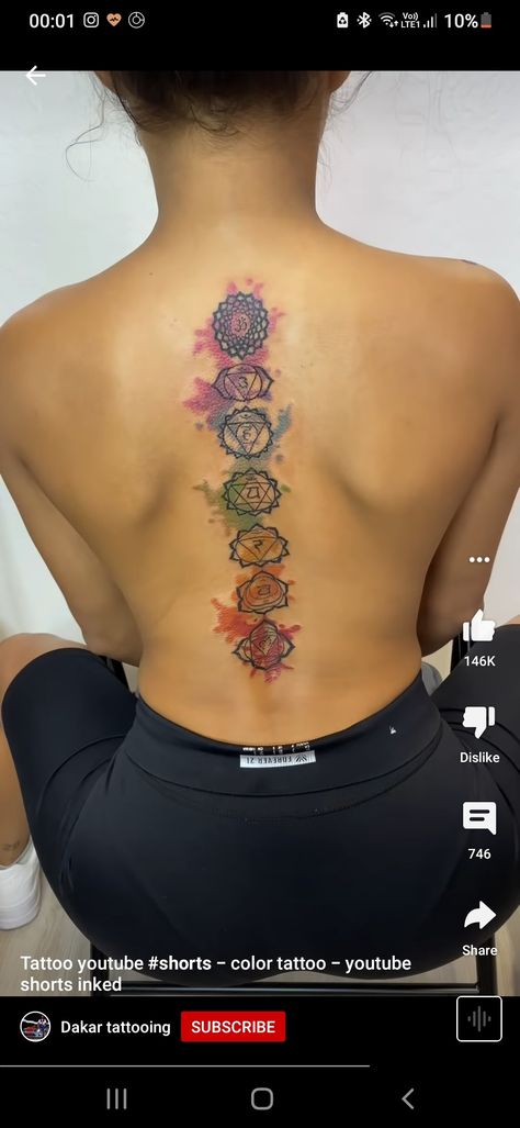 Charka Back Tattoo, Chakra Tattoo With Lotus, Chakra Art Tattoo, Chakra Tattoo Color, 7 Chakra Spine Tattoo, Shree Chakra Tattoo, Rainbow Chakra Tattoo, Spine Tattoos Chakra, 7 Chakras Back Tattoo