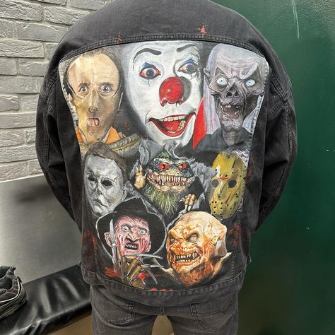 Still loving this jacket!! The same jacket, but I took images of it in two different lights. Completely freehand from start to finish. I love painting horror art and rarely get chance to do any so this was the best thing I could’ve asked for! #horror #horrorart #horrorfan #horrormovies #horrormoviefan #villans #killer #killers #clown #wearableart #painteddenim #denimjacket #customdenimjacket #paintedclothing #ladiesfashion #oneofakind #smallbusinessowner Hand Painted Leather Jacket, Painted Leather Jacket, Custom Denim Jacket, Painted Denim Jacket, Painted Jacket, Custom Denim, Painted Denim, Different Light, Faux Leather Jackets