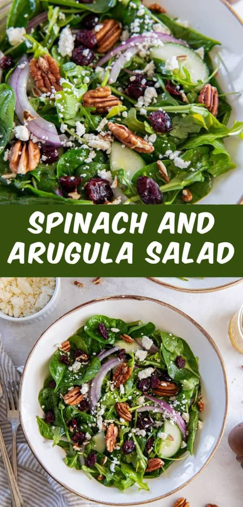 Enjoy this light and refreshing Spinach and Arugula Salad anytime! It's made with fresh arugula, spinach, cucumber, red onions, dried cranberries and a tangy honey mustard salad dressing. Top it with crumbled cheese and nuts or any of your other favorite salad toppings. Argula Recipes Cooked, Sauteed Arugula Recipes, Spinach Arugula Salad, Salads For Brunch, Spinach And Arugula Salad, Arugula Salad Dressing, Honey Mustard Salad, Mustard Salad, Honey Mustard Salad Dressing