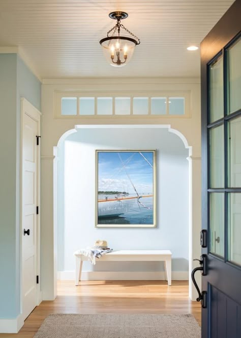 Windows Inside The House, Doorway With Transom, Transom Window Interior, Farmhouse Transom Windows, Interior Doors With Transom Windows, Victorian Transom Windows, Wood Framed Doorway, Cottage Foyer Entryway, Archway Doors Interior