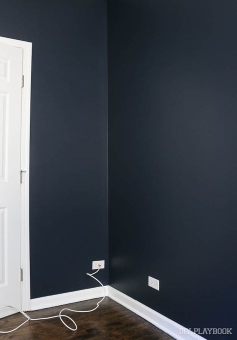 Our guest room is going dark & bold! Here's our painting tutorial so you can get the perfect dark coat of paint up on your walls. Game Room Wall Color, Dark Blue Living Room Color Scheme, Dark Blue Wall Color, Dark Blue Painted Walls, Navy Paint Color, Navy Blue Bedroom Walls, Dark Gray Walls, Blue Room Paint, Navy Painting