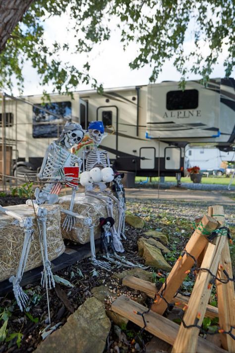 Halloween Decorations For Camper, Halloween Campground Decorations, Halloween Rv Camping Decorations, Halloween Camper Decorating Ideas, Campsite Halloween, Skeleton Shenanigans, Rv Halloween, Halloween Camping Decorations, Halloween Camper