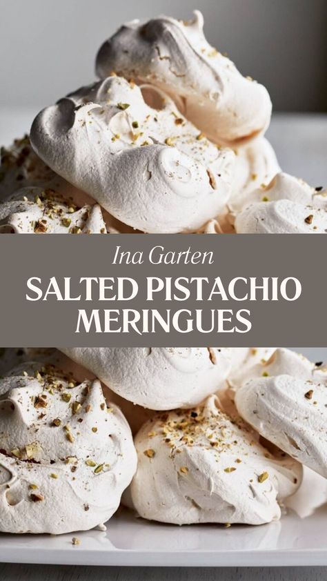 Ina Garten Salted Pistachio Meringues Ina Garten Salted Pistachio Meringues, Meringue Nests Filling, Types Of Meringue, Meringue Recipe Cookies, Flavored Meringues, Egg White Meringue, Pistachio Meringue, Meringues Recipe, Egg White Recipes