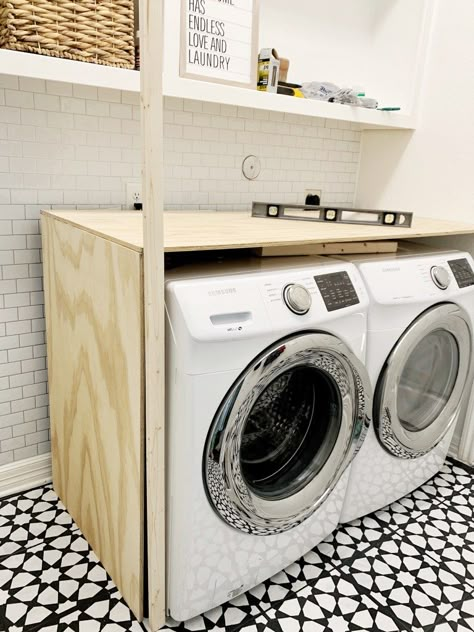 Washer And Dryer Enclosure Diy, Dark Blue Washer And Dryer Laundry Room, Diy Over Washer And Dryer Counter, Wood Counter Over Washer And Dryer, Plywood Laundry Countertop, Waterfall Laundry Countertop, Diy Built In Washer And Dryer, Butcher Block Washer And Dryer, Butcher Block On Top Of Washer And Dryer