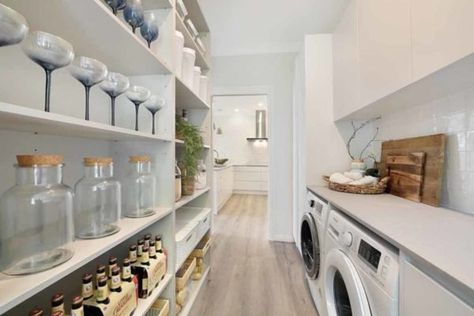 10 Best Butler's Pantry Ideas, Layouts & Designs Laundry To Pantry Conversion, Walk Through Pantry To Laundry, Walk In Pantry And Laundry Room, Small Walk Through Laundry Room Ideas, Laundry And Butlers Pantry, Shared Laundry And Pantry, Walk In Pantry Laundry Room Combo, Kitchen Pantry Laundry Combo, Walk In Pantry With Laundry