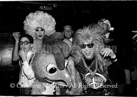 October 17, 1990:  A group portrait of "Club Nightmares" at the Limelight nightclub in New York City.  L-R:  Sebastian Jr., Angel Jack, Clara the Carefree Chicken,  Mop and Glow, Citrus Hills and Brian Schwartz. Michael Alig, Leigh Bowery, Amanda Lepore, Goth Club, Group Portrait, Extreme Fashion, Club Kids, Monster Party, Fashion Icons