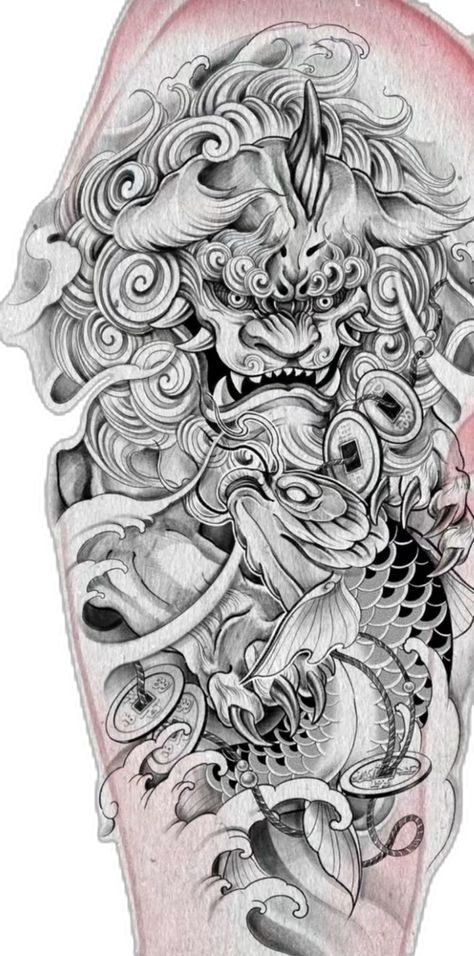 Foo Dog Tattoo Design, Half Sleeve Tattoos Sketches, Samurai Tattoo Sleeve, Foo Dog Tattoo, Fu Dog, Wolf Tattoo Design, Samurai Tattoo, Tattoo Sketch, Foo Dog