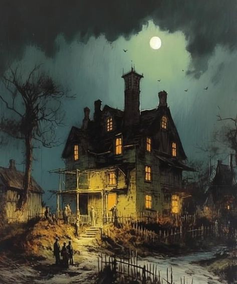 Haunted House Concept Art, Spooky House Painting, Creepy Scenery, Thrift Painting, Haunted House Art, Horror Novels, Vintage Halloween Cards, Graphic Novel Illustration, House On Haunted Hill