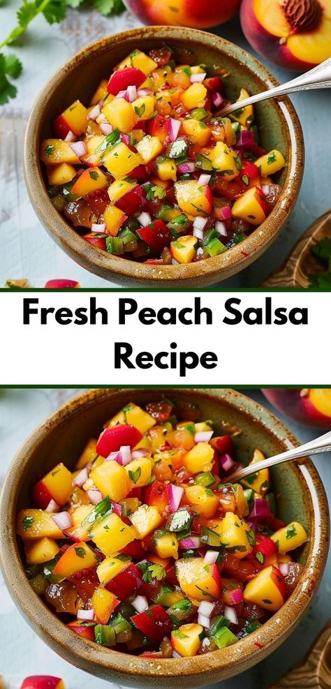 Craving a unique salsa? This fresh peach salsa recipe combines juicy peaches and savory ingredients. Ideal for peach salsa recipes and salsa recipes enthusiasts. Peach Salsa Recipe, Peach Salsa Recipes, Fresh Peach Recipes, Easy Salsa Recipe, Gourmet Salad, Peach Recipes, Salsa Recipes, Quick Salads, Peach Salsa