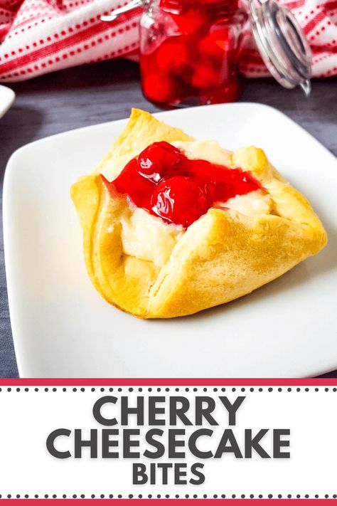 These Cherry Cheesecake Bites are the perfect treat for parties or as an after dinner indulgence. With a flaky crescent roll base, creamy cheesecake filling and juicy cherry topping, these cherry cheesecake bites will be sure to satisfy anyone's sweet tooth. Cherry Cheesecake Bites, Crescent Roll Cheesecake, Cherry Recipes Dessert, Mini Cheesecake Bites, Mini Cheesecakes Easy, Cherry Topping, Cheesecake Bites Recipe, Canning Cherry Pie Filling, Cherry Desserts