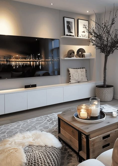 Tv Built In Cabinet Design, Living Room Tv Cabinet Ideas, Lounge Floating Shelves, Built In Cabinets Below Tv, Wall Decor For Basement Family Room, Style A Tv Wall, Town House Living Room Decor, Floor To Ceiling Living Room Cabinets, Flat Tv Wall Ideas