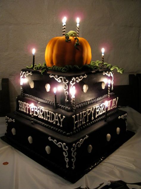 A Halloween 50th birthday party. I LOVED making this cake. The pumpkin was hand shaded using edible chalk. And yes, it's real cake - pumpkin with cream cheese. ;) Halloween Birthday Cakes For Adults, Pumpkin With Cream Cheese, 50th Birthday Cakes, Birthday Cakes For Adults, Cakes For Adults, Halloween Themed Birthday Party, Halloween Birthday Cakes, Birthday Pins, Dollar Store Halloween