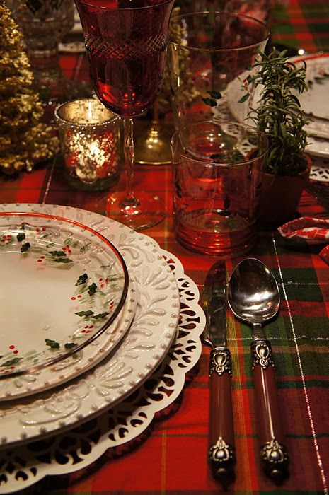 A table set w/Christmas dishes & a tartan tablecloth.  So pretty! Christmas Table Setting, Christmas China, Christmas Dinnerware, Tablescape Ideas, Tartan Christmas, Christmas Tablescape, Table Scapes, Christmas Dishes, Christmas Tablescapes