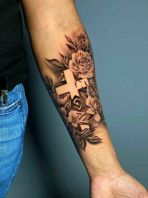 Best Forearm Tattoos Women, Cross And Floral Tattoo, Woman Half Sleeve Tattoo Ideas, Inside Lower Arm Tattoos For Women, Cross With Flowers Tattoo Men, Cross In Flowers Tattoo, Faith Sleeve Tattoos For Women, Christian Cover Up Tattoos For Women, Half Sleeve Memorial Tattoos For Women