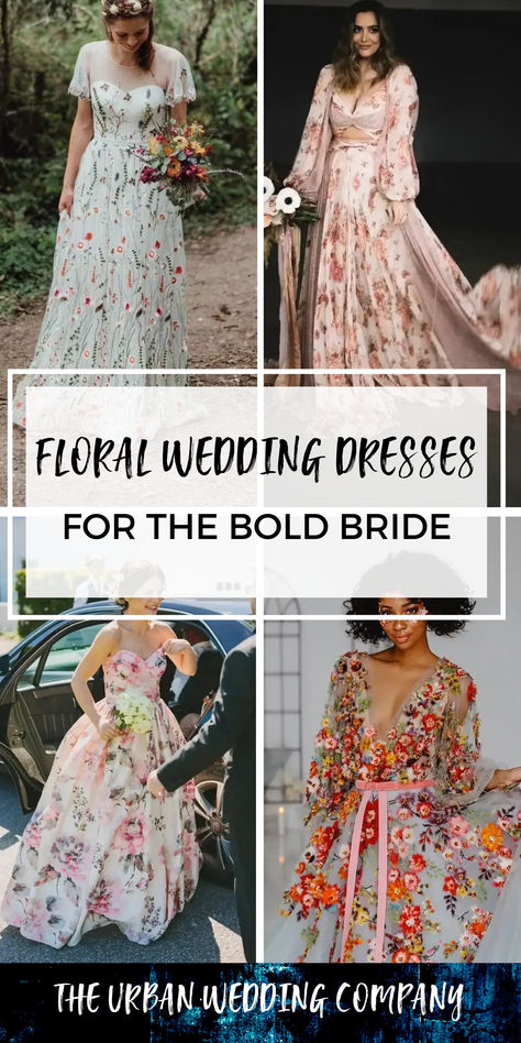 4 different floral wedding dresses Floral Embroidered Wedding Dress Boho, Bohemian Floral Wedding Dress, White Floral Wedding Dress Sleeve, Colorful Floral Embroidered Wedding Dress, Middle Age Wedding Dress, Romantic Floral Wedding Dress, Floral Detail Wedding Dress, Floral Colored Wedding Dress, Floral Boho Wedding Dress