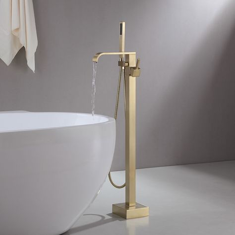 Dree Modern Floor Mounted Tub Filler Brass Single Handle Freestanding Bathtub Faucet with Handheld Shower Brushed Gold Gold Bathtub, Bathtub Faucets, Freestanding Bathtub Faucet, Luxury Bathtub, Freestanding Tub Faucet, Bath Mixer Taps, Freestanding Tub Filler, Waterfall Faucet, Bath Mixer