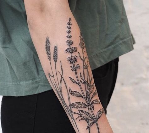 Combining Tattoos Sleeve, Russian Sage Tattoo, Sage Tattoo, Wheat Tattoo, Lower Arm Tattoos, Wrap Around Tattoo, Sage And Lavender, Nature Tattoo Sleeve, Brush Tattoo