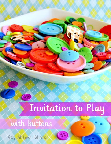 An invitation to play with buttons. You wouldn't think that a bunch of buttons and a few ceramic ramekins would have much appeal to a three year old... Button Activities, Invitations To Play, Easy Indoor Activities, Emergent Curriculum, Family Day Care, Motor Development, Invitation To Play, Indoor Activities For Kids, Sorting Activities