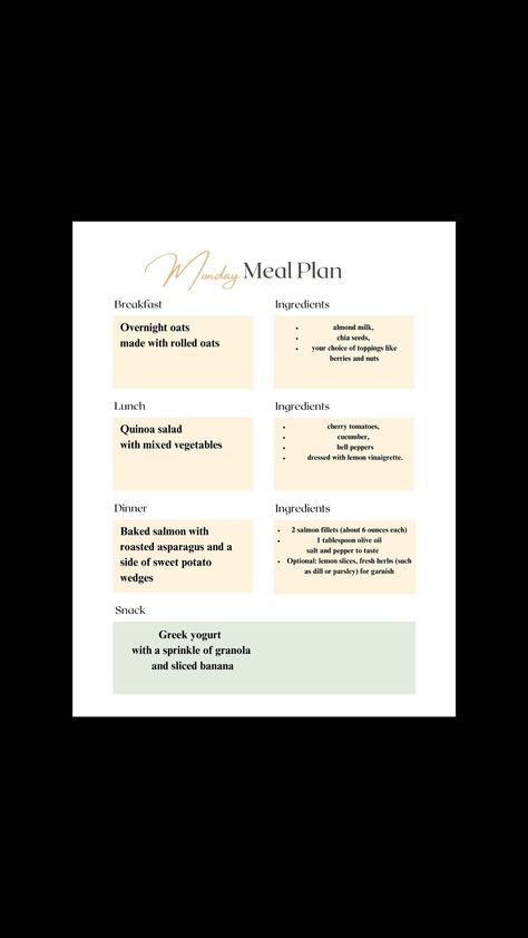 Here is a helpful meal plan that is a game-changer for your busy schedules, providing structure and simplicity to your eating habits. All while saving time and reducing stress. Overnight Oats Almond Milk, Healthy Meal Planning, Breakfast Ingredients, Meal Planning Printable, Lemon Vinaigrette, Roasted Asparagus, Lemon Slice, Monday Tuesday, Healthy Meal Plans