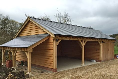 Timber Frame Garage, Timber Garage, Oak Frame House, Carport Sheds, Oak Framed Buildings, Carport Garage, Carport Designs, Wooden Garage, Outdoor Living Design