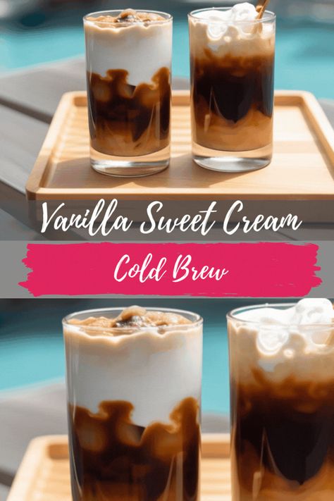 Popular and adored by Starbucks clients, the Vanilla Sweet Cream Cold Brew Coffee is infused with vanilla syrup that can also be topped with the smoothest foamy vanilla sweet cream. This drink will knock your socks off! With or without foam on top this is one of my top picks! Diy Vanilla Sweet Cream Cold Brew, Vanilla Cream Cold Brew, Vanilla Sweet Cream Recipe, Cold Brew Ratio, Starbucks Sweet Cream, Vanilla Sweet Cream Cold Brew, Sweet Cream Cold Brew, Starbucks Caramel Frappuccino, Taro Bubble Tea